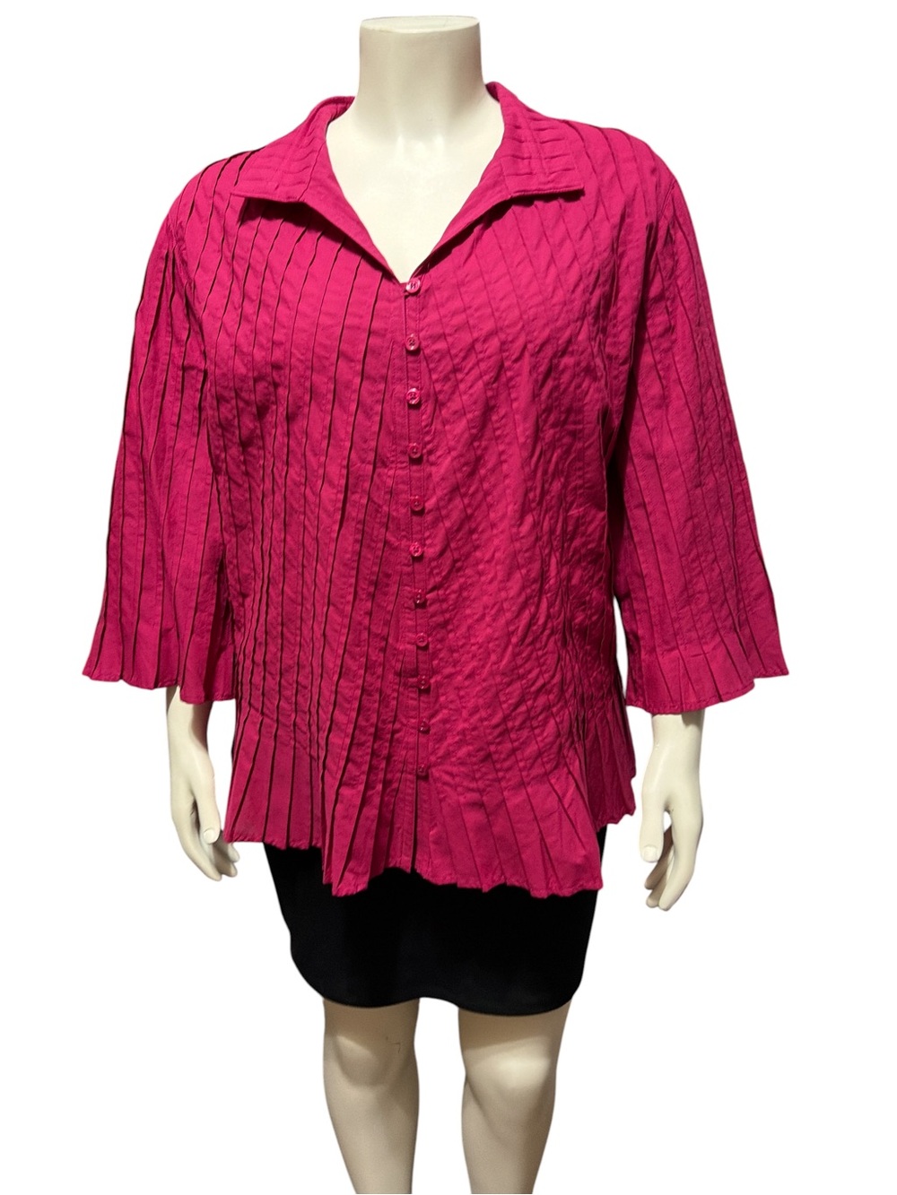 John Mark Plus 2X Magenta Pink Pintuck Pleated Button Front Swing Tunic Top 3/4